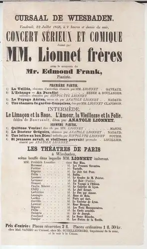 Cursaal de Wiesbaden. - Les theatres de Paris. - Hippolyte et Anatole Lionnet ( 'les freres Lionnet' ). - Edmond Frank: Programme: Concert serieux et comique donne par MM. Lionnet freres avec le concours de Mr. Edmond Frank, pianiste. - Cursaal de Wiesbad