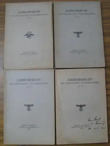 Jahresberichte der Preußischen Staatsbibliothek in Berlin. - Vorwort von H. A. Krüss: Jahresbericht der Preussischen Staatsbibliothek. Konvolut mit 4 Jahrgängen: 1933, 1936, 1937 und 1938. - Aus dem Inhalt: Nachruf Fritz Milkau ( Band 1933) /. 