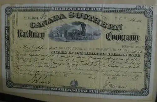 Canada Southern Railway Company. - Mc Leod, Young, Weir & Company Ltd, Canada Southern Railway Company stock certificate, 70 shares, no. 023664. - From the text: This certifies that Mc Leod, Young, Weir & Company Ltd. ( Toronto, Canada ) is entitled to se