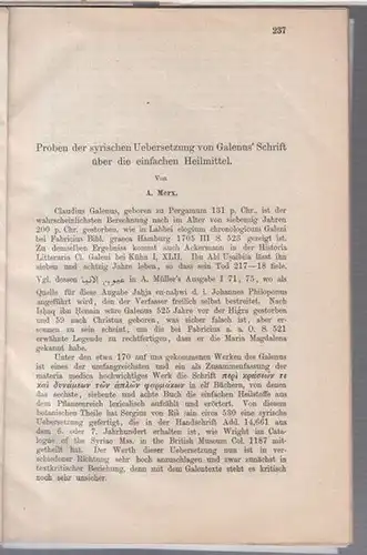 Galenus / Galenos / Galen.   A. Merx / mit einer Erwiderung von Immanuel Löw: Problem der syrischen Uebersetzung von Galenus' Schrift über die.. 
