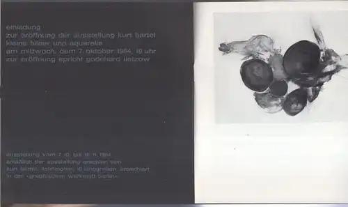 Bartel, Kurt. - galerie miniature, berlin: Einladung zur Eröffnung der Ausstellung Kurt Bartel - Kleine Bilder und Aquarelle - am Mittwoch, dem 7. Oktober 1964, 19 Uhr. Zur Eröffnung spricht Godehard Lietzow. 