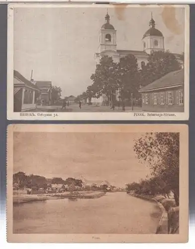 Pinsk. - historische Postkarten / Ansichtskarten. - an Paul Baumgart, Feldpost. 
 Pinsk - 2 Ansichtskarten. - Motive: Sobornaja-Strasse / ohne Titel ( Ansicht vom Wasser aus )
 Pinsk, 1917. 