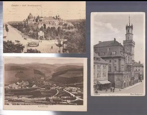 Sachsen-Konvolut. - historische Postkarten / Ansichtskarten. - an Familie Lorenz in Berlin u. a: Sachsen-Konvolut mit 3 Ansichtskarten. - Motive: Dresden -Städt. Ausstellungspalast / Löbau - Das Rathaus / Blauenthal ( Panorama ). 