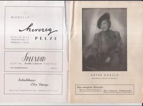 Programmheft zu: Cheri. Komödie in drei Akten von Colette.   Bearbeitung und Regie: Charles Regnier. Bühnenbilder: Ruth Wagner.   Mitwirkende: Käthe Dorsch, Roma.. 