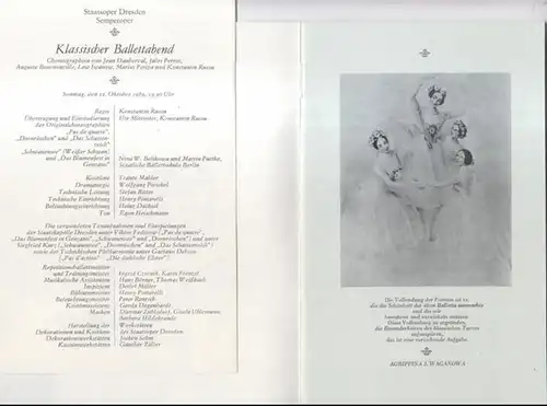 Programmheft zu: Klassischer Ballettabend. Sonntag, den 22. Oktober 1989. - Choreographien: Jean Dauberval, Jules Perrot u. a. - Regie: Konstantin Russu. - Mitwirkende: Ina Meinhold, Hannes-Detlef Vogel-Liebig, Grit Henseleit, Michael Ihnow, Friedericke W