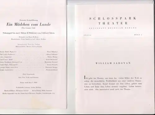 Berlin, Schlosspark Theater.   Intendant: Boleslaw Barlog.   Clifford Odets: Programmheft zu: Ein Mädchen vom Lande ( The Country girl ). Spielzeit 1951.. 