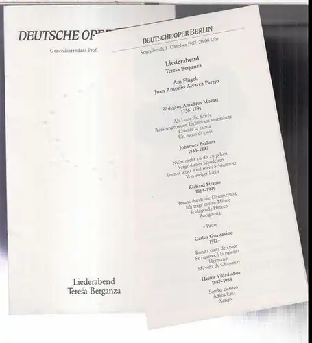 Programmheft zu: Liederabend Teresa Berganza. Sonnabend, 3. Oktober 1987.   Am Flügel: Juan Antonio Alvarez Parejo.   Dargeboten wurden Stücke von Wolfgang Amadeus.. 