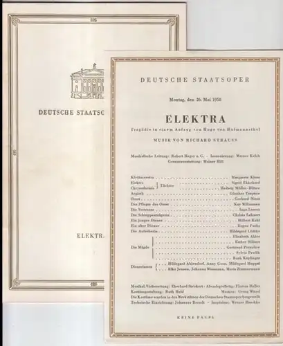 Programmheft zu: Elektra. Mit Besetzungsliste für Montag, den 26. Mai 1958.   Tragödie in einem Aufzug von Hugo von Hofmannsthal.   Musik von.. 
