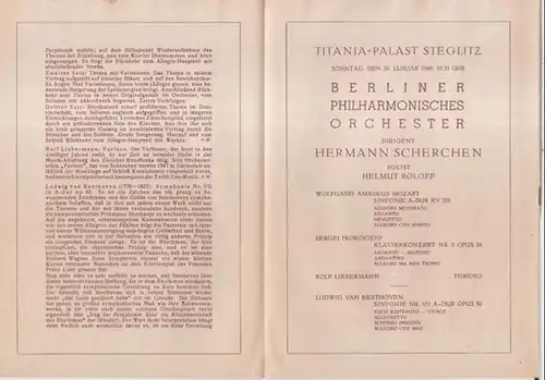 Programmheft zum Konzert am Sonntag, den 30. Januar 1949 - Berliner Philharmonisches Orchester im Titania-Palast Steglitz - Dirigent: Hermann Scherchen. Solist: Helmut Roloff. - Mit Werken von Wolfgang Amadeus Mozart, Sergej Prokofieff, Rolf Liebermann un