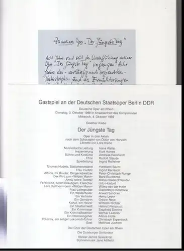 Programmheft zu: Der jüngste Tag. Deutsche Oper am Rhein   Mit dem Programmzettel zum Gastspiel an der Deutschen Staatsoper Berlin, DDR, am Dienstag, 3.. 