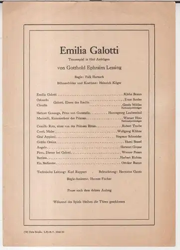 Programmzettel zu: Emilia Galotti. Trauerspiel in fünf Aufzügen von Gotthold Ephraim Lessing.   Regie: Falk Harnack.   Bühnenbilder und Kostüme: Heinrich Kilger.. 