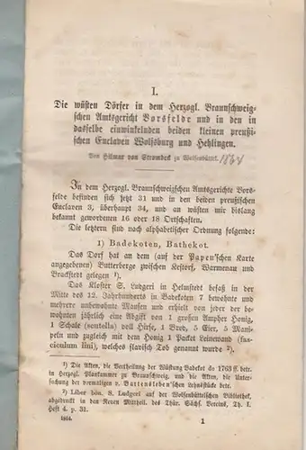 Strombeck, Hilmar von ( zu Wolfenbüttel ): Die wüsten Dörfer in dem Herzogl. Braunschweigschen Amtsgericht Vorsfelde und in den in dasselbe einwinkelnden beiden kleinen preußischen Enclaven Wolfsburg und Hehlingen. 