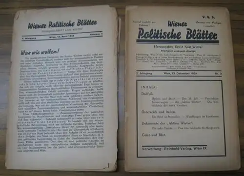 Wiener politische Blätter. - Ernst Karl Winter (Hrsg.): Wiener politische Blätter. Konvolut mit 9 Ausgaben: 1. Jahrgang Nummer 1, 16. April 1933 / 2.Jg. 1934 Nr. 2 / 3.Jgg. 1935, Nrn. 2, 3 und 5 / 4. Jgg. 1936 Hefte 1, 2, 3 und 4. 