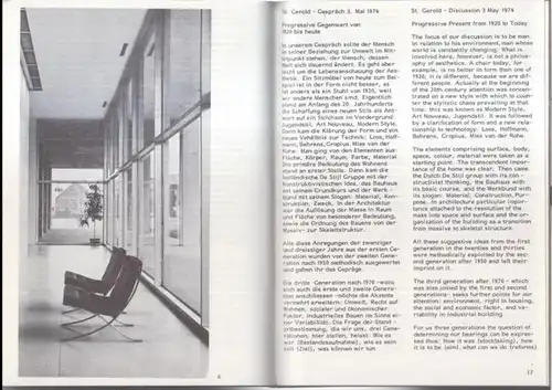 St. Gerold Forum. - Layout by Werner Blaser. - english translation by D. Q. Stephenson: St. Gerold Forum vom 3. Mai 1974 / held on 3 may 1974. - Aus dem Inhalt / from the contents: Werner Blaser - Architektur und Gestaltung in den zwanziger Jahren. Drei G