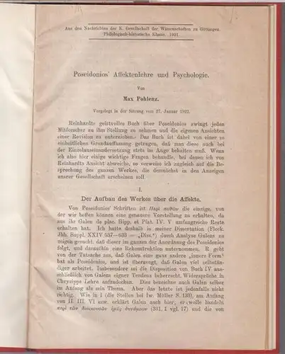 Poseidonios. - Max Pohlenz: Poseidonios' Affektenlehre und Psychologie ( Aus den Nachrichten der K. Gesellschaft der Wissenschaften zu Göttingen, Philologisch-historische Klasse, 1921 ). 