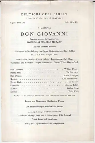 Deutsche Oper Berlin.   Wolfgang Amadeus Mozart: Programmzettel zu: Don Giovanni. Dramma giocoso in 2 Akten von Mozart, Aufführung am 13. Mai 1965.. 