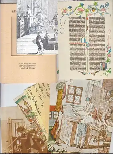 Acht Bildpostkarten zur Geschichte von Druck & Papier.   Motive: Papierherstellung 1689 / Seite der Gutenberg Bibel / Eine Papiererin ( Kupferstich von Martin.. 