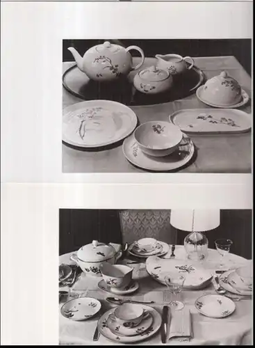 Wersin, Wolfgang von. - Staatliche Porzellan-Manufaktur Nymphenburg: Konvolut mit 2 Fotografien von Porzellangeschirr und 4 Beigaben. - Enthalten: Lotos 2225 / Orion - purpur Blumen ( beide entworfenvon Wolfgang von Wersin ). - Beigaben: 5 kleinere Fotos