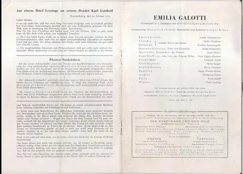 Programmheft zu: Emilia Galotti. Trauerspiel von G. E. Lessing.   Inszenierung: Oscar Fritz Schuh.   Bühnenbild und Kostüme: Caspar Neher.   Darsteller:.. 