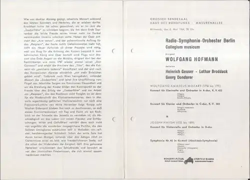 Programmheft zum Konzert am Mittwoch, 6. Mai 1964: Radio-Symphonie-Orchester Berlin. Collegium musicum. Dirigent: Wolfgang Hofmann. - Solisten: Heinrich Geuser, Lothar Broddack, Georg Donderer. - mit Werken von Mozart und Haydn