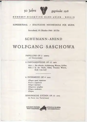 Programmzettel: Schumann Abend mit Wolfgang Saschowa, 19. Oktober 1968, Konzertsaal der Staatlichen Hochschule für Musik
