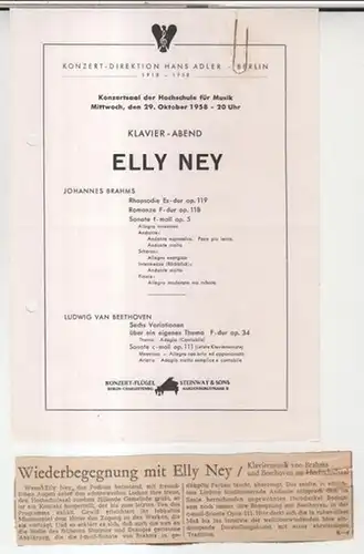Konzert-Direktion Hans Adler, Berlin. - Elly Ney: Programmzettel: Elly Ney. Klavier-Abend 29. Oktober 1958 in der Staatlichen Hochschule für Musik. - Mit Werken von Brahms und Beethoven. 