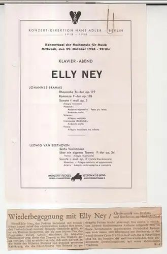 Konzert-Direktion Hans Adler, Berlin. - Elly Ney: Programmzettel: Elly Ney. Klavier-Abend 29. Oktober 1958 in der Staatlichen Hochschule für Musik. - Mit Werken von Brahms und Beethoven.