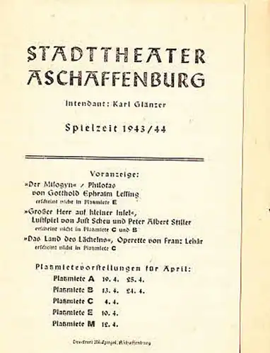 Aschaffenburg.   Stadttheater.   Intendant: Karl Glänzer.   Ludwig Thoma: Moral. Besetzungszettel. Inszenierung: Walter Gembs, Bühne: Norbert Roth. Mit u. a.: Kurt.. 