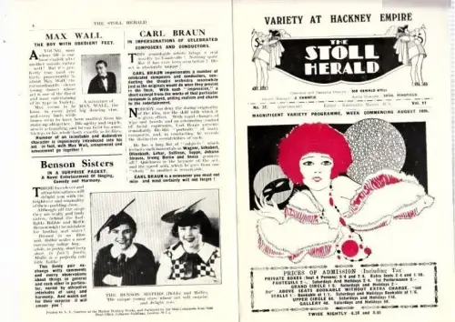 Variety at Hackney Empire. The Stoll Herald. Vol. 11, No. 32. Chairman and Managing Director: Sir Oswald Stoll .District Manager: J. Christie. Editor: Kathleen Mason. Magnificent Variety Programme, week commercing August 10th