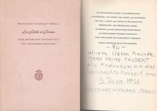 Forell, Wolfgang Nicolaus: La Belle et Bonne. Eine Erzählung aus der Zeit des alternden Voltaire. 