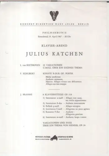 Programmzettel zu: Klavier-Abend Julius Katchen. Philharmonie, 15. April 1967. - gespielt wurden Werke von Beethoven, Schubert und Brahms