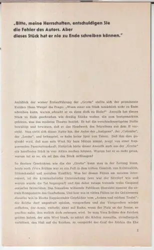 Programmheft zu: Die Grotte. Deutsche Erstaufführung, Premiere: 16. Dezember 1962.   Schauspiel von Jean Anouilh.   Inszeniert von Erwin Piscator.. 