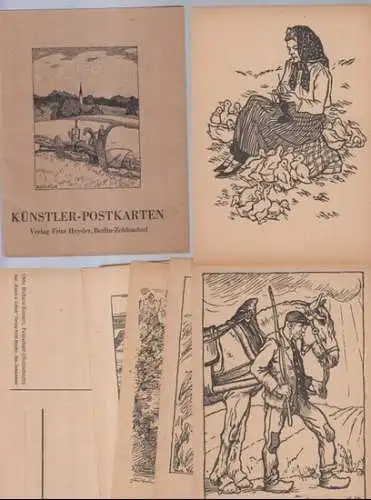 Künstler-Postkarten. 
 Künstler-Postkarten. - Motive von Otto Richard Bosser - Feldarbeit / Hans Volkert: Ein alter Winkel / Rudolf Schiestl: Fränkischer Schäfer / Georg Greve-Lindau:...