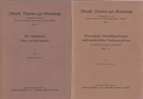 Spruth, Herbert: Die Hausmarke. Wesen und Bibliographie ( = Aktuelle Themen zur Genealogie, Heft 4/5 ). - Beigabe: Gottfried Roesler: Neuzeitliche Darstellungsformen familiengeschichtlicher Forschungsergebnisse am Beispiel des Deutschen Familienarchives B