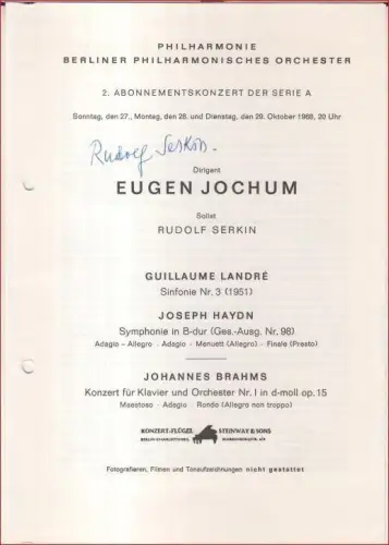 Programmheft zum Konzert am 28. und 29. Oktober 1968, Dirigent: Eugen Jochum, Solist: Rudolf Serkin, mit Werken von Guillaume Landre, Haydn und Brahms. - SIGNIERT von Rudolf Serkin
