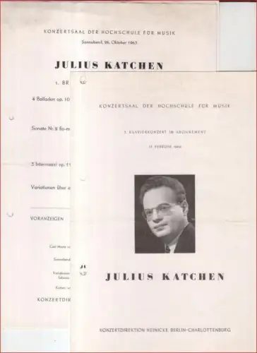 4 Programmhefte zum 1. - 4. Brahms-Abend im Abonnement, Oktober bis Dezember 1963 - Julius Katchen im Konzertsaal der Hochschule für Musik in Berlin. - Beigabe: 3. Klavierkonzert am 17. Februar 1962, ebenfalls mit Werken von Brahms