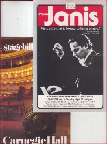 Stagebill. April 1981. Vol. IV, No. 7. - From the contents: ICM Artists presents Byron Janis, Piano - April 21, 1981 at Carnegie Hall / Allan Kozinn: The festival concerts / The program / Yehudi Menuhin: Carnegie Hall / Facilities and services