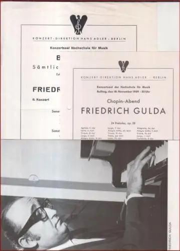 Zwei Programmzettel zu Konzerten von Friedrich Gulda im Konzertsaal der Hochschule für Musik: 1) Beethoven, Sämtliche Klaviersonaten, 30. November 1954 / 2) Chopin Abend am.. 