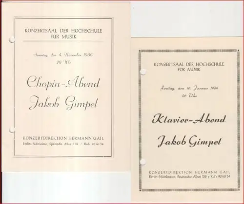 2 Programmhefte zu Konzerten von Jakob Gimpel im Konzertsaal der Hochschule für Musik: 1) Chopin-Abend am 4. November 1956 / 2) Klavier-Abend am 10. Januar 1958, mit Werken von Schubert, Beethoven, Chopin u. a