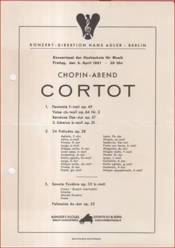 Programmzettel zum Konzert von (Alfred) Cortot am 5. April 1957 im Konzertsaal der Hochschule für Musik zu Berlin - Chopin-Abend