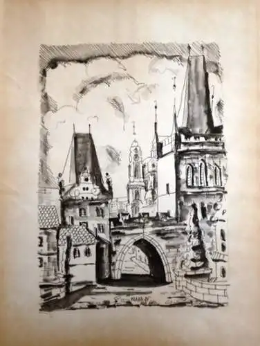 Prag: Praha 80. - Original-Aquarell. - signiert ! - Zu sehen ist die Karlsbrücke mit Altstädter Brückenturm. 
