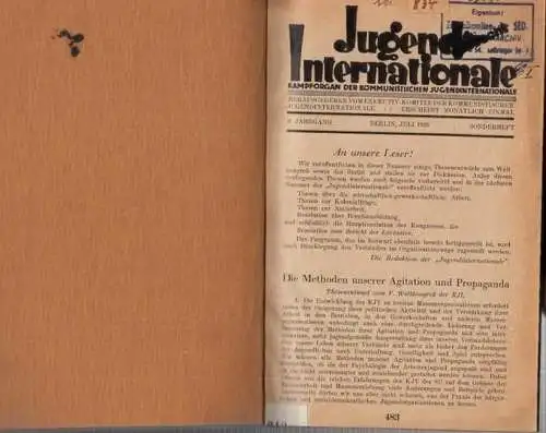 Jugend-Internationale. Exekutivkomitee der Kommunistischen Jugend-Internationale (Hrsg.) - Hermann Remmele (Red.): Jugend-Internationale - Sonderheft 9. Jahrgang 1928, Juli 1928. Kampforgan der Kommunistischen Jugendinternationale. Aus dem Inhalt: Thesene