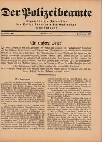 Polizeibeamte, Der: Der Polizeibeamte. Nr. 10 (siehe Anmerkungen), Februar 1925. Organ für die Interessen der Polizeibeamten aller Gattungen Deutschlands. Aus dem Inhalt: Dawes Gutachten und.. 
