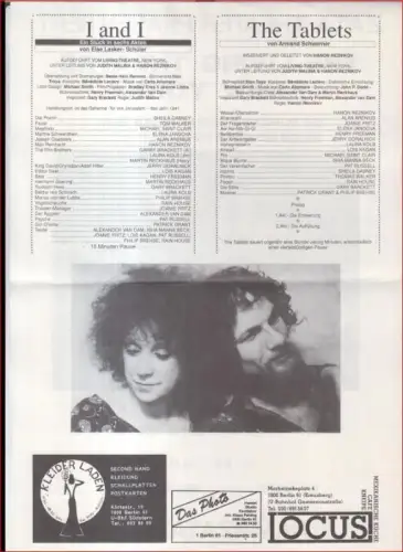 Programmzettel zu: 'I and I' von Else Lasker-Schüler (Regie: Judith Malina) und 'The tablets', Regie: Hanon Reznikov. - The Living Theatre New York in Berlin. - Mitwirkende: Sheila Dabney, Tom Walker, Michael Saint Clair, Rain House, Lois Kagan u. a