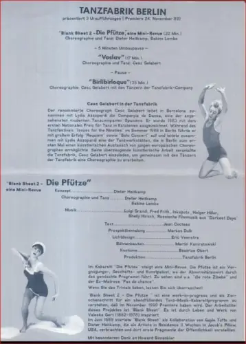 Programmheft zu 3 Uraufführungen: Blank Sheet 2 - die Pfütze, eine Mini-Revue / Vaslav / Birlibirloque. - Chroreographie und Tanz: Dieter Heitkamp, Sabine Lemke / Cesc Gelabert