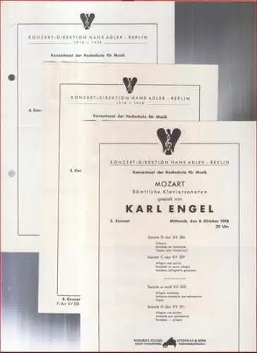 Konzertdirektion Hans Adler, Berlin. - Karl Engel: Programmzettel zum 2. - 4. Konzert: Mozart - Sämtliche Klaviersonaten, gespielt von Karl Engel im Konzertsaal der Hochschule...