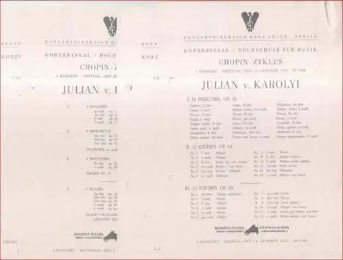 Programmzettel zum 1. - 4. Konzert: Chopin-Zyklus, gespielt von Julian v. Karolyi im Konzertsaal der Hochschule für Musik, am 11., 14. und 28. Oktober sowie 2. November 1955