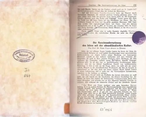 Taeschner, Franz: Die Auseinandersetzung des Islam mit der abendländischen Kultur. (Sonderabdruck aus: Zeitschrift für Missionswissenschaft und Religionswissenschaft, 22.Jg. 1932, Heft 2). 