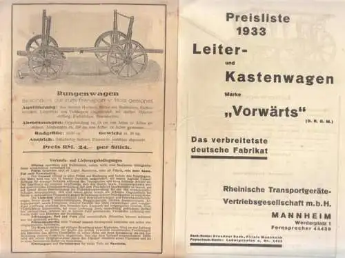 Rheinische Transportgeräte Vertriebsgesellschaft, Mannheim (Hrsg.): Preisliste 1933 Leiter- und Kastenwagen ' Vorwärts ' ( Leiterwagen, Transportkarren, Handwagen, Handkarren ). 