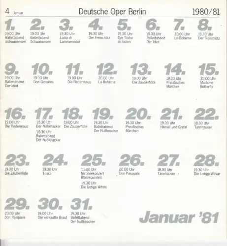 Programmheft, Januar 1981 mit Besetzungsliste zu: La Boheme.   Aufführung am 7. Januar 1981.   musikalische Leitung: Jesus Lopez Cobos / Inszenierung: Boleslaw.. 